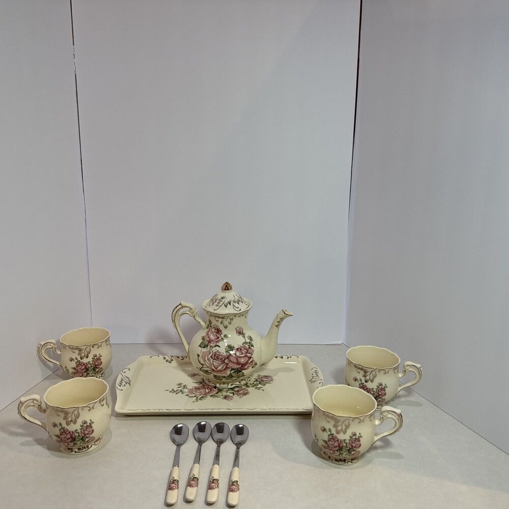 Porcelain Tea Set Vintage Rose, Tea Cups with Teapot, Serving Tray and Teaspo...